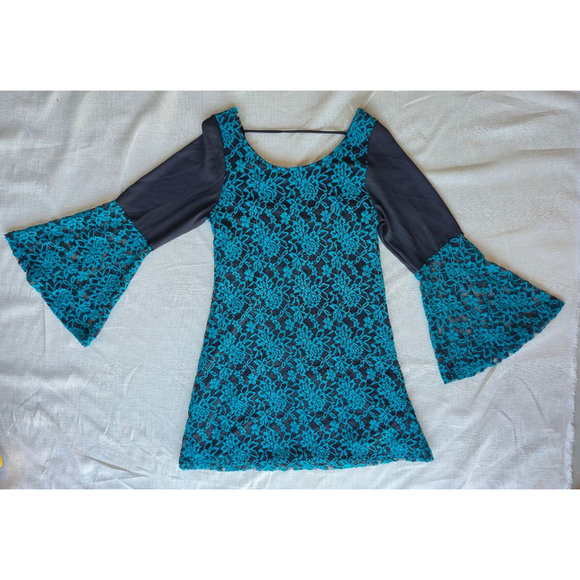 Black and Teal Floral Pattern Lace Embroidered Mini Dress Bell Sleeve Small NWT - Picture 11 of 12